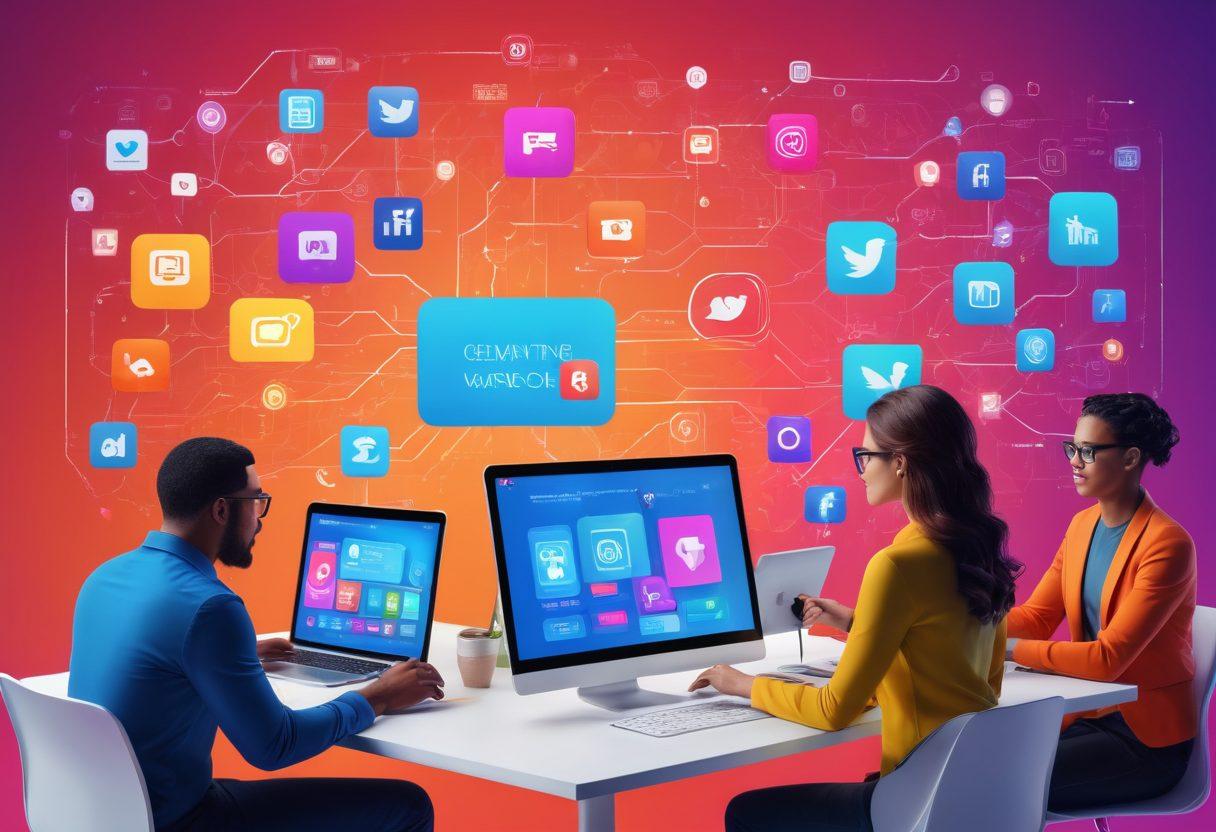 A dynamic digital marketplace scene showcasing diverse people engaging with various devices, surrounded by graphics of marketing strategies like social media icons, analytics charts, and emails. Vibrant colors highlight the energetic atmosphere of online commerce. Include elements of teamwork and innovation, such as brainstorming sessions or collaborative projects. super-realistic. vibrant colors. 3D.