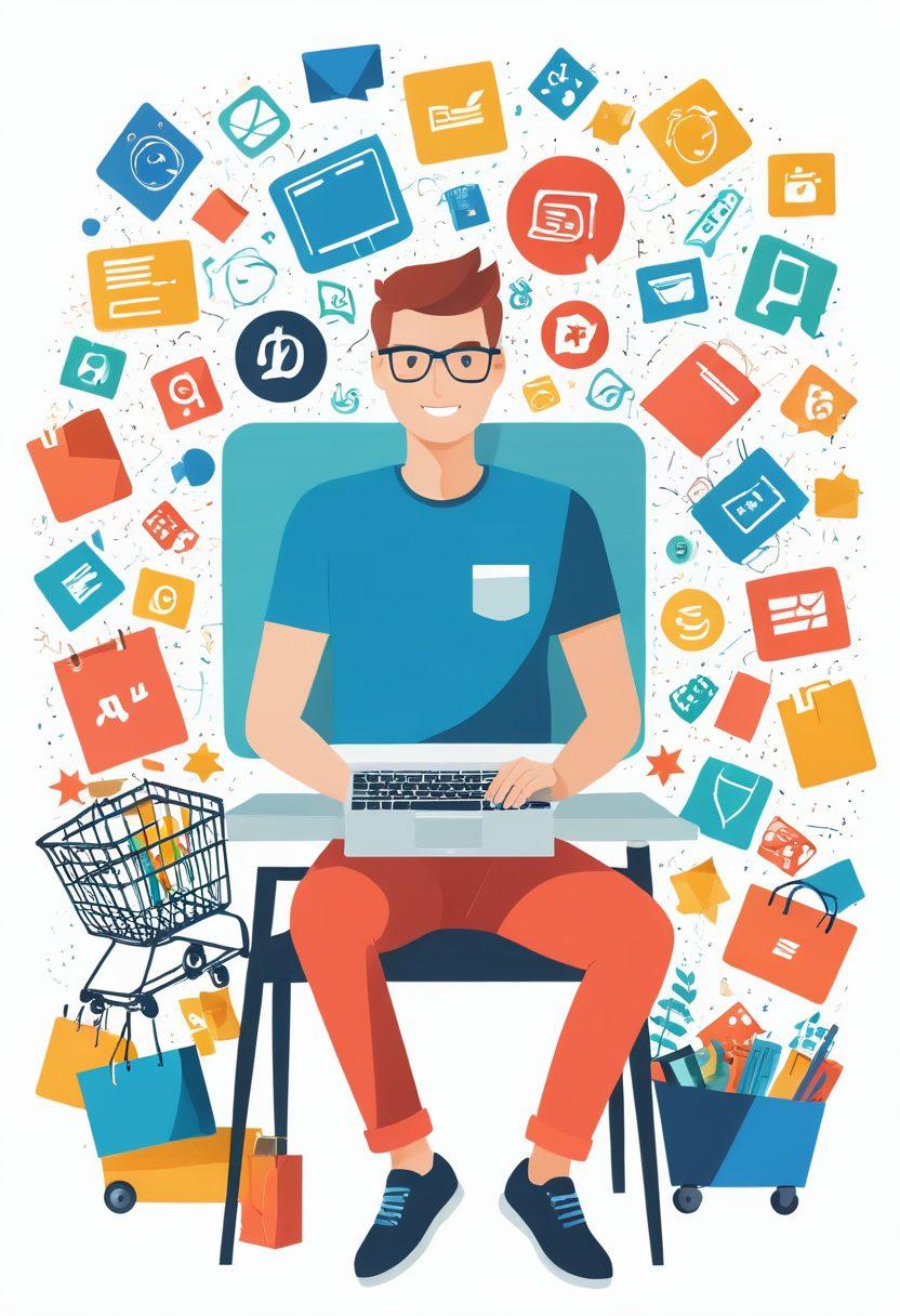 A vibrant, eye-catching scene depicting a successful blogger at a modern workstation, surrounded by elements representing e-commerce such as shopping carts, online graphs, and digital devices. Include colors that evoke motivation and creativity, with floating symbols of success like trophies and upward arrows. The background should be dynamic and engaging, hinting at the digital world of blogging and commerce. Vector art. vibrant colors. white background.