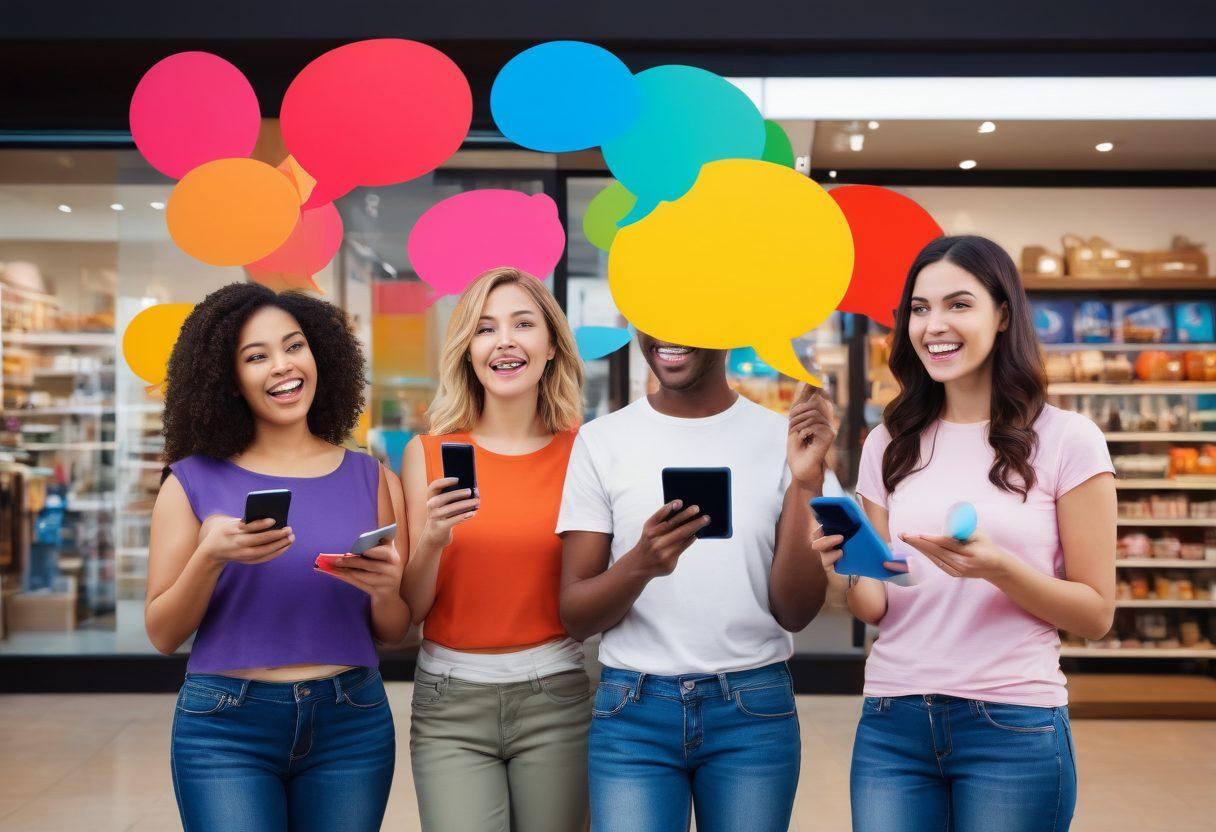 A dynamic digital storefront showcasing a diverse group of enthusiastic customers sharing feedback on products. Include colorful speech bubbles illustrating positive comments, with digital devices like tablets and smartphones in hand. The background should feature an inviting virtual shop filled with products. Emphasize interaction and community spirit. vibrant colors. super-realistic.